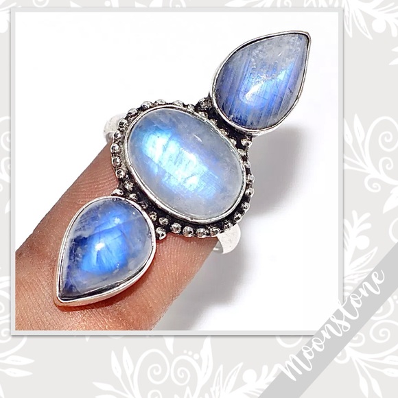 Jewelry - Rainbow Moonstone Silver Artisan Ring, Size 7.5 (Pearl White, Blue-Violet flash)